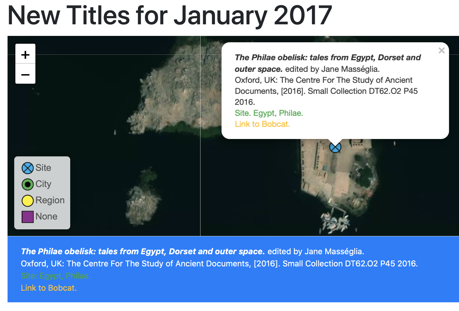 An image of the new map interface for ISAW New Titles, showing a book mapped to a temple site in Philae, Egypt